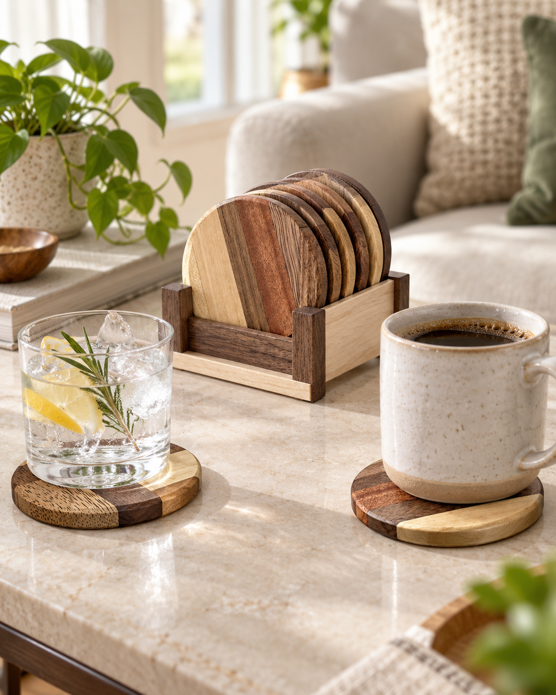 Lifestyle photo of handcrafted hardwood coasters in use with drinks