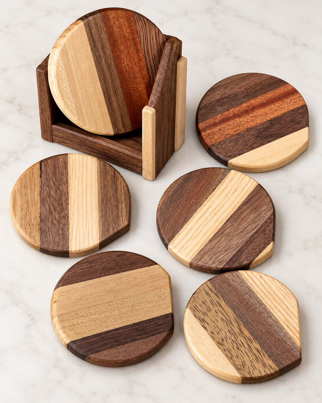 Studio photo of six mixed hardwood coasters with custom holder