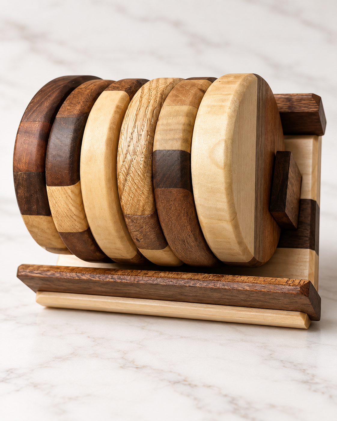 Side profile studio photo of handcrafted hardwood coaster set